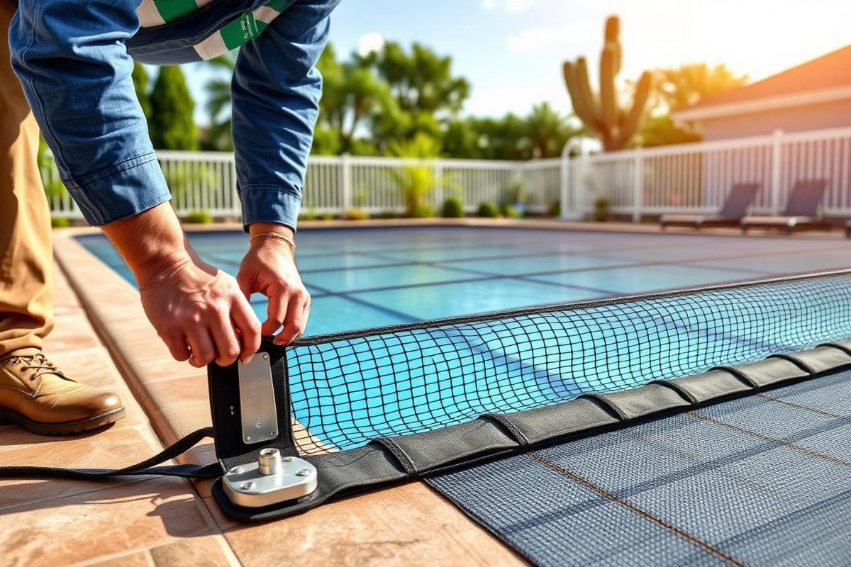 Technician adjusting the anchors and straps of a mesh safety pool cover