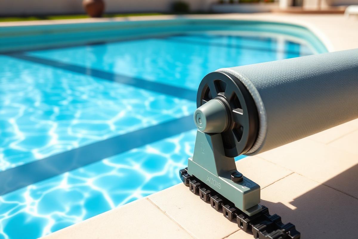 Pool cover reel and track installed alongside a residential swimming pool